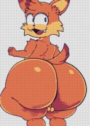anthro anus backsack balls big_butt blue_eyes bobcat bodily_fluids bubble_butt bubsy_(series) bubsy_4d bubsy_bobcat butt clothing english_text fangs_male felid feline fur furu_flami gay genitals looking_back lynx male mammal naked orange_body orange_fur pixel_art small_testicles smile smiling_at_viewer solo sweat tail text thick_ass thick_thighs