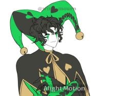 black_hair blushing_female bulge bulge_through_clothing clown_boy embarassed_female female female_focus funny green_clothing green_eyes grin grinning_at_partner harlequin_(the_freak_circus) large_teeth male/female tagme the_freak_circus video y/n your_name yumeshipping
