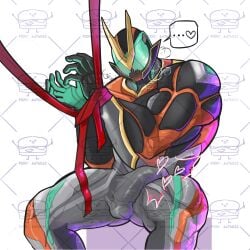 1boy armor armored_male big_penis blush blush_lines blushing blushing_through_mask bodysuit bodysuit_bulge bondage breath breath_cloud erect erect_penis erection_under_bodysuit green_armor green_eyes heart heart_symbol hearts heavy_breathing helmet kamen_rider kamen_rider_zeztz kamen_rider_zeztz_(series) large_penis legs_apart legs_spread long_penis looking_down looking_down_at_self male male_focus male_only mask masked masked_male mmmaao muscles muscular muscular_male on_surface orange_armor outline penis_over_leg pixiv_id purple_lighting red_ribbon ribbon ribbon_bondage sitting sitting_on_surface solo speech_bubble twitch_lines twitching twitching_penis watermark wrists_tied wrists_tied_together