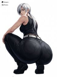 1girls ass big_ass chainsaw_man dewspire eyepatch female female_only full_body looking_at_viewer looking_back pants quanxi_(chainsaw_man) rear_view solo solo_female squatting white_hair