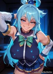 1girl 2026 ai_generated anime aqua aqua_(konosuba) arm_behind_head arm_up armpits bangs bare_shoulders bed blue_eyes blue_hair blue_shirt blue_skirt blush boobs bow breasts cleavage covered_nipples crossover detached_sleeves eye_contact female female_focus flushed green_bow grin hair_accessory hair_between_eyes hair_ornament hair_rings hand_on_hip highres huge_breasts indoors inside kono_subarashii_sekai_ni_shukufuku_wo! konosuba large_breasts long_hair looking_at_viewer nsfw patreon patreon_username rognezart seductive_smile skirt smile smiling solo teeth thighhighs very_long_hair