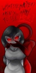1boy 1boys 1girl 1girls animation_vs_animator animator_vs_animation artist_name artist_signature black_hands evil glowing_eyes grey_dress grey_hair hand_on_chin hand_on_shoulder long_hair mind_alteration mind_control mitsi_(animator_vs_animation) netorare not_tlc ntr red_background red_eyes red_skin round_head speech standing stickman the_dark_lord_(animator_vs_animation) white_body