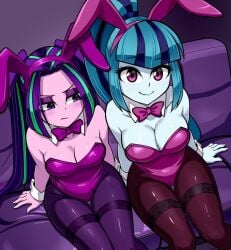 2020s 2026 2girls angry angry_face aria_blaze big_breasts blue_skin bowtie bunny_ears bunnysuit couch cyan_skin equestria_girls fake_animal_ears female_only happy happy_female hasbro leotard looking_at_another looking_at_breasts looking_at_viewer medium_breasts my_little_pony necktie no_ai pantyhose pink_skin playboy playboy_bunny playboy_bunny_costume playboy_bunny_leotard playboy_outfit ponytail sitting sonata_dusk strapless the_dazzlings top_pov top_view twintails twitter_link two-tone_hair villainess western_cartoon