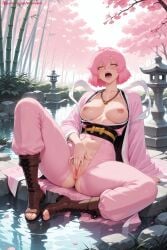 1girl ai_generated anus bangs boots breasts breasts_outside brown_footwear cherry_blossoms collarbone day hi_res high_quality high_resolution japanese_clothes jewelry jigokuraku kimono kiraamane looking_at_viewer masturbation navel necklace nipples open_mouth outdoors patreon petals pink_hair pink_kimono pink_skin pussy seductive sexy sitting solo spread_legs tao_fa teeth tree uncensored water watermark wet