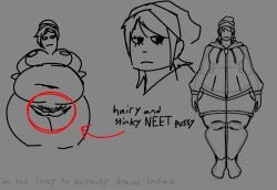 1girl 1girls areola areolae arrow big_areola big_areolae big_belly big_breasts breasts chubby chubby_female chunky clothed clothing english_text hairy hairy_pussy hat neet neet_girl original original_character pussy pussy_focus ribznsfw serious serious_face serious_look silly sketch thick thick_body thick_hips thick_legs thick_thighs