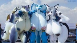 16:9 2025 3d_(artwork) 4k absurd_res anthro barely_visible_genitalia barely_visible_vulva big_breasts blue_body breasts canid canid_demon canine cobra countershading crocodilian dariana_(quetzaly) demon digital_media_(artwork) female front_view furry_ghosty genitals gesture gold_(metal) gold_jewelry group hand_gesture hellaverse hellhound helluva_boss hi_res huge_breasts jewelry kroxigor kroxigor_(vulgarvictor) lizardman lizardman_(warhammer) looking_at_viewer loona_(helluva_boss) mammal mythological_canine mythological_creature mythology nipple_piercing nipples non-mammal_breasts non-mammal_nipples nude outside piercing presenting reptile scalie snake snake_hood standing trio v_sign vulva warhammer_(franchise) white_body widescreen