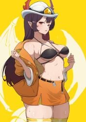 beni_doki bra breasts collarbone dragon female horns large_breasts mature_female naval open_uniform pointy_ears promisu red_eyes red_hair short_hair short_skirt solo sweat undressing uniform virtual_youtuber vtuber wings