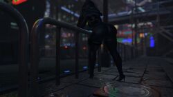big_ass big_breasts city dark_background from_behind hood latex_clothing looking_away robot_girl vrchat