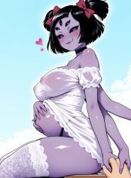 1girls ai_generated covered_nipples dress female hand_holding highleg_panties lace lace-trimmed_panties lace_dress mayihavesomeslops muffet pov pregnant see-through smile sundress undertale white_dress
