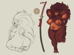 4:3 anthro areola big_breasts big_butt big_hair breasts brokadilla brown_areola brown_body brown_fur brown_hair brown_nipples bugbear butt dungeons_and_dragons eyelashes feet female front_view fur genitals grey_background hair hands_behind_head hasbro hi_res humanoid kneeling long_hair mammal navel nipples nude on_one_leg overweight overweight_anthro overweight_female pointy_ears pubes rear_view simple_background solo standing thick_thighs tusks vulva wide_hips wizards_of_the_coast