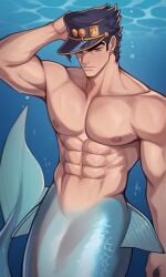 1boy 1male 23afterhours abs aged_up ai_assisted ai_generated aquatic aquatic_humanoid fish_tail hat japanese_male jojo's_bizarre_adventure jotaro_kujo merfolk merman muscular muscular_male perfect_body posing shirtless thick_eyebrows totally_not_gay underwater