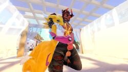 3d anthro beach canine_penis cock_on_face digimon erp furry handjob heckhound hellhound male/female reach_around renamon smiling torn_clothing virtual_reality vrchat