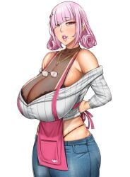 apron beauty_mark glasses huge_breasts indie_virtual_youtuber jeans kurameki_kyou large_breasts lips lipstick mature mature_body mature_female mature_woman mole older_female pink_hair sagging_breasts sweaty sweaty_body thong thong_straps tits virtual_youtuber