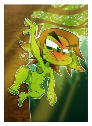 annoyed_expression big_areola brown_hair climbing climbing_tree embarrassed_nude_female enf goblin goblin_female green_eyes green_skin looking_away nude nude_female shortstack small_breasts wide_hips zarnacius zyon_(zarnacius)