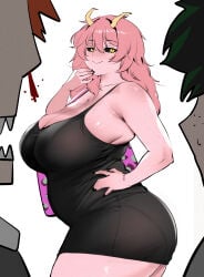 1girls 2boys bbw black_dress boku_no_hero_academia breasts chubby chubby_female dress eijirou_kirishima hi_res huge_breasts izuku_midoriya judies long_hair midoriya_izuku mina_ashido my_hero_academia nosebleed pink_skin plump white_background