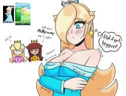 3girls aqua_dress bare_shoulders big_breasts blonde_hair blue_eyes blush breasts brown_hair cleavage collar crown dress earrings echoartist21 english_text gloves hair_over_one_eye jewelry lips long_hair mario_(series) multiple_girls princess_daisy princess_peach princess_rosalina racket sparkle spikes super_mario_bros. super_mario_bros._wonder tennis_racket white_gloves