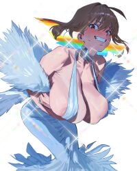 1girl anis_(nikke) anis_(star)_(nikke) areola_slip areolae blush breasts bride_gown cleavage_overflow cosplay goddess_of_victory:_nikke hintobento huge_breasts kill_la_kill kiryuuin_ragyou_(cosplay) mole_on_breast sagging_breasts sparkles tagme wide_hips wings
