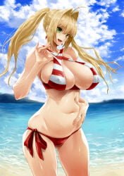 1girl ahoge bangs bare_shoulders beach bikini blonde_hair bonten breasts cleavage collarbone criss-cross_halter curvaceous curvy curvy_female curvy_figure day earrings eyebrows_visible_through_hair fate/grand_order fate_(series) female green_eyes hair_between_eyes hair_intakes halterneck huge_breasts jewelry large_breasts leaning_forward legs long_hair looking_at_viewer nero_claudius_(fate) nero_claudius_(fate)_(all) nero_claudius_(swimsuit_caster) nero_claudius_(swimsuit_caster)_(fate) ocean open_mouth outdoors red_bikini sand shore side-tie_bikini solo striped striped_bikini swimsuit thighs twintails voluptuous voluptuous_female water wide_hips
