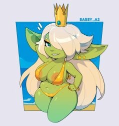 1girls areolae arm_behind_head big_breasts big_ears bikini crown ear_piercing eyelashes female female_only goblin goblin_female gold_bikini gold_eyeshadow green_eyes green_skin grin grinning_at_viewer hair_over_one_eye hand_on_hip hi_res long_hair looking_at_viewer nipple_peek pointy_ears regina_(huffslove) royalty sassya2 smiling smiling_at_viewer solo thick_thighs very_high_resolution white_hair wide_hips