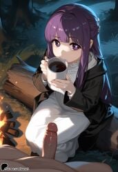 1boy 1girl ai_generated bangs bare_tree breasts campfire coffee_mug cup erection eyebrows_visible_through_hair fern_(sousou_no_frieren) fire forest frieren_beyond_journey's_end grass hetero holding_cup large_breasts large_penis long_hair long_sleeves mug nature night outdoors penis pov purple_eyes purple_hair scarf sidelocks sitting sousou_no_frieren steam sunori teacup tree uncensored