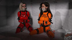 2girls 3d 3d_(artwork) 3d_render asylum ball_gag black_hair blonde_hair bondage bound bound_arms bound_hands bound_legs chastity_belt chastity_device female female_chastity female_only femsub gag gagged latex latex_bondage latex_clothing latex_straitjacket latex_suit looking_at_another martyr_bondage orange_clothing orange_latex padded_cell padded_floor padded_room padded_walls red_latex rubber rubber_clothing shiny_clothes tape tape_gag text_on_clothing tight_clothing