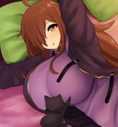 1girls bat_cat bed bedroom black_cat breasts brown_hair cat eye_covered eyebrows_raised female gigantic_breasts golden_eyes huge_breasts kono_subarashii_sekai_ni_shukufuku_wo! konosuba long_hair looking_at_viewer lying_down lying_on_bed lying_on_side magician massive_breasts o_mouth open_mouth paw_on_chest paws pillow pillows staring_at_viewer the_only_shoe touching_breast wiz_(konosuba) wizard