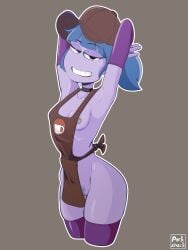 2026 armpits arms_behind_head bandaids_on_nipples big_city_greens blue_hair disney_channel gloria_sato hat naked_apron ponytail porkshack pubic_hair purple_skin pussy pussy_peek small_breasts solo_female tagme thighhighs