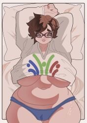 arms_behind_head belly brown_eyes brown_hair chubby chubby_belly chubby_female covered_nipples glasses huge_breasts mei_(overwatch) messy_hair on_back on_bed pajamas plump underwear