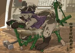 1boy arknights ass chinese_commentary claws commentary_request cum erection fangs furry furry_male grey_fur headband highres hyena_boy hyena_ears hyena_tail looking_to_the_side male_focus milkybot monster_hunter_(series) no_pants open_mouth penis purple_headband purple_tank_top spot_(arknights) spotted_fur tank_top