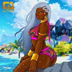 1girls african african_female ass big_ass bubble_butt cahnartist dark-skinned_female dark_skin female female_only marvel solo storm_(x-men) swimsuit white_hair x-men