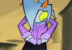 animated animated_gif artist_request blue_hair body_markings bouncing_breasts bra breasts cleavage fang flashing flashing_breasts homestuck homestuck_oc homestuck_troll horn looking_at_viewer navel pale-skinned_female pale_skin pants slim_waist smile sweater tagme underwear yellow_sclera