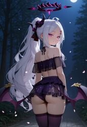 ai_generated ass bikini blue_archive forest forest_background halo headwear hina_(blue_archive) horns liltigerx long_hair moonlight ponytail purple_eyes see-through_clothing see-through_skirt small_breasts smiling standing thick_thighs thighhighs thighs viewed_from_behind white_hair