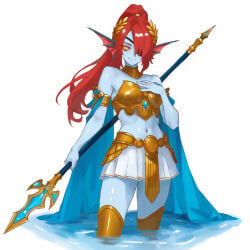 1girl 1girls 2026 abs amphibian armored artlongon athletic bikini_armor blue_cape blue_skin cleavage curvy fantasy_armor glowing_eyes golden_armor golden_boots high_ponytail holding_trident large_breasts long_hair looking_at_viewer monster_girl muscular_female pleated_skirt red_hair shiny_skin smile solo spear tagme thick_thighs thigh_boots toned underboob undertale undyne_(undertale) water weapon wet_skin white_skirt wide_hips yellow_eyes