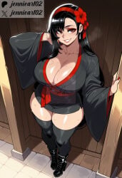 1girl ai_generated artist_name asymmetrical_bangs bangs black_footwear black_hair black_kimono black_legwear black_thighhighs blush boots breasts brown_eyes cleavage clothing collarbone curvy dangle_earrings earrings eyeshadow female flower footwear from_above full_body grin hair_flower hair_ornament hairband hand_in_own_hair high_heel_boots high_heels huge_breasts japanese_clothes jennieart02 jewelry kimono large_breasts legwear lips long_hair looking_at_viewer makeup patreon patreon_logo patreon_username red_eyes red_eyeshadow red_hairband red_lips red_nails robe sash short_kimono smile solo standing sweat swept_bangs teeth thick_thighs thighhighs thighs tifa_lockhart traditional_clothes twitter twitter_username wafuku watermark wide_hips wide_sleeves