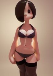 3d 3d_(artwork) artist_request black_hair bra breasts cleavage dot_eyes front_view looking_at_viewer navel one_eye_covered panties short_hair slim_waist stockings tagme thick_thighs underwear voluptuous wide_hips