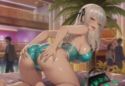 ai_generated bikini blue_eyes brown_dust_2 condom dark-skinned_female dark_skin drool drooling green_bikini grok handbag multicolored_hair nebris_(brown_dust_2) spread_anus spread_ass spread_legs spread_pussy spreading swimsuit swimwear tongue tongue_out wet wet_body wet_pussy wet_skin
