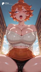 1girl 1girls absurd_res absurdres ai_generated arms_behind_back ass ass_visible_through_thighs bare_shoulders big_ass big_breasts black_clover black_panties blue_eyes blue_sky blurred_background blurry blurry_background blush breasts cameltoe cartoon cartoony cleavage cloud collarbone crop_top day depth_of_field female female_focus hair_between_eyes hi_res high_quality high_resolution highres huge_breasts large_ass large_breasts long_sleeves looking_to_the_side mereoleona_vermillion midriff miniskirt odexai off-shoulder_shirt off-shoulder_sweater off_shoulder one_eye_closed open_mouth orange_hair orange_skirt outdoors panties shiny_skin short_hair shorts sitting skirt sky small_waist solo solo_focus spread_legs straight sweat sweater teeth thick_thighs thighs thin_waist tongue tongue_out underwear upper_teeth_only upskirt white_sweater wide_hips