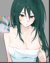 1girl blush breasts brown_eyes cleavage collarbone crusch_karsten green_hair hair_between_eyes highres large_breasts long_hair looking_at_viewer meomeo0303 monochrome_background naked_towel re:zero_kara_hajimeru_isekai_seikatsu solo towel upper_body wet wet_hair