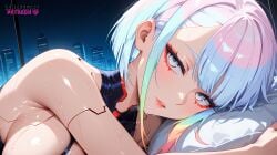 ai_assisted ai_generated bed bedroom big_breasts bob_cut breasts cyberpunk cyberpunk:_edgerunners cyberpunk_2077 lewdfeetai lucyna_kushinada sweat sweatdrop sweating
