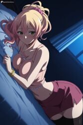 1girl ai_generated bare_shoulders bed black_thighhighs blush bracelet breasts digitalwaifugallery dutch_angle green_eyes hair_ornament hair_scrunchie hajimete_no_gal hi_res high_quality high_resolution indoors jewelry large_breasts long_hair looking_at_viewer lying midriff miniskirt navel night on_bed on_side patreon pencil_skirt pillow pink_hair ponytail scrunchie seductive sexy skirt smile solo thighhighs uncensored watermark window yame_yukana zettai_ryouiki