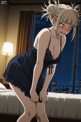 1boy absurdres adult ai_assisted ai_generated big_breasts boku_no_hero_academia breasts embarrassed female hand_on_knee heeven highres himiko_toga male mature my_hero_academia patreon patreon_username perfect_body standing toga_himiko uncensored