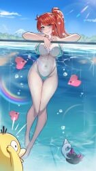 1girl 1girls absurdres aqua_bikini aqua_eyes ass_visible_through_thighs bikini blue_sky blush breasts bubble cleavage cloud commentary english_commentary fish food green_eyes hair_ornament heart heart_hair_ornament highres holding holding_food holding_popsicle large_breasts long_hair looking_at_viewer navel ok_sign orange_hair outdoors parted_lips pokemon pokemon_(creature) pokemon_sword_and_shield pool popsicle rainbow side_ponytail sky smile sonia_(pokemon) stomach swimsuit water zer0z_vi
