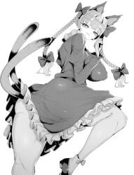 1girl absurdres animal_ears aonori00 ass braid breasts cat_ears cat_girl cat_tail closed_mouth commentary covered_erect_nipples dress extra_ears frilled_dress frills highres huge_breasts juliet_sleeves kaenbyou_rin long_hair long_sleeves looking_at_viewer multiple_tails puffy_sleeves shoes side_braids simple_background slit_pupils solo tail touhou twin_braids two_tails