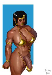 1futa big_breasts big_penis blizzard_entertainment brown_skin face_tattoo fareeha_amari futanari gold_jewelry golden_bikini green_lipstick muscular_futa nose_piercing overwatch overwatch_2 peepingficus pharah queen short_hair solo_futa veiny_penis
