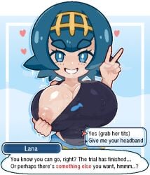 amanewitchy breasts breasts_out hearts_around_head lana_(pokemon) nipple_bulge nipples one-piece_swimsuit one_breast_out peace_sign pokemon sweat sweaty sweaty_body sweaty_breasts swimsuit teasing teasing_viewer text_box