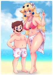 1boy1girl beach bead_necklace belly belly_button big_breasts bikini blonde_female blonde_hair blue_eyes bottomless breasts brown_hair chest cleavage couple feet flower_in_hair hair_flower hand_on_hip legs mario mario_(series) mustache nintendo nipples no_bikini_bottom ocean peace_sign pink_bikini princess_peach sand sarong sky standing sugarbell sunglasses_on_head super_mario_bros. swimming_trunks swimwear thick_thighs wide_hips