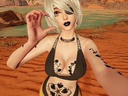 1girls black_lipstick blacked breasts brown_eyes desert_background eve_(stellar_blade) eyepatch female female_focus female_only leggings light-skinned_female light_skin lipstick looking_at_viewer medium_hair pose posing_for_the_viewer qos qos_tattoo queen_of_spades queen_of_spades_symbol sports_bra sportswear stellar_blade taking_picture tattoo tattoo_on_breast tattoos white_hair