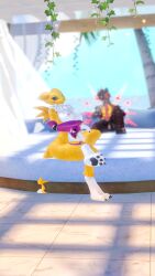 3d anthro beach canine_penis cock_on_face digimon erp furry genitals heckhound hellhound male/female renamon smiling torn_clothing virtual_reality vrchat