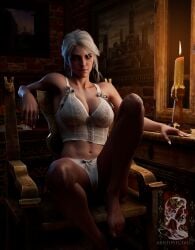 1girls 3d aristipstudio bra breasts candle cd_projekt_red ciri feet female freckles freckles_on_face green_eyes light-skinned_female light_skin lingerie looking_at_viewer mascara night panties scar solo solo_female the_witcher_(series) the_witcher_3:_wild_hunt underwear white_hair white_nails
