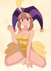 1girl a_hat_in_time absurdres aged_up alternate_costume bare_arms bare_shoulders blue_eyes breasts brown_hair cleavage closed_mouth collarbone colored_skin commentary covered_navel english_commentary hand_up hat hat_adult hat_kid highres jester_cap leotard looking_at_viewer medium_breasts purple_hat shadow shiny_skin short_hair smile solo white_skin xyroni yellow_background yellow_leotard